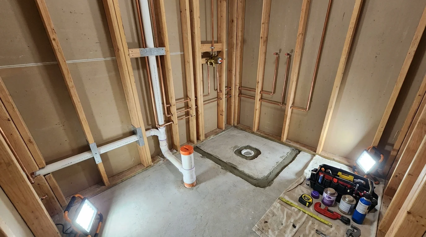 Bathroom rough-in plumbing during remodel by Johns Plumbing LLC in Mobridge