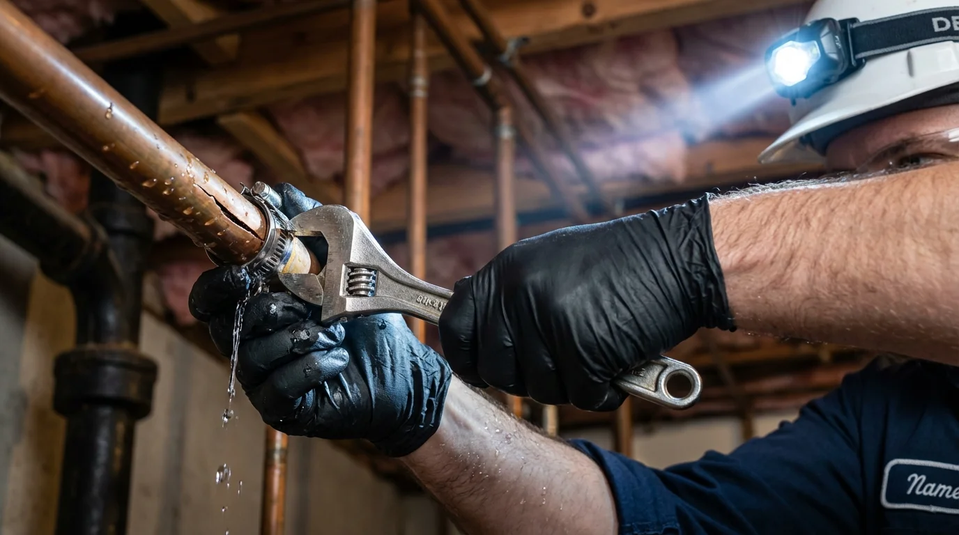 Emergency pipe clamp repair being performed by a Johns Plumbing LLC plumber in Mobridge