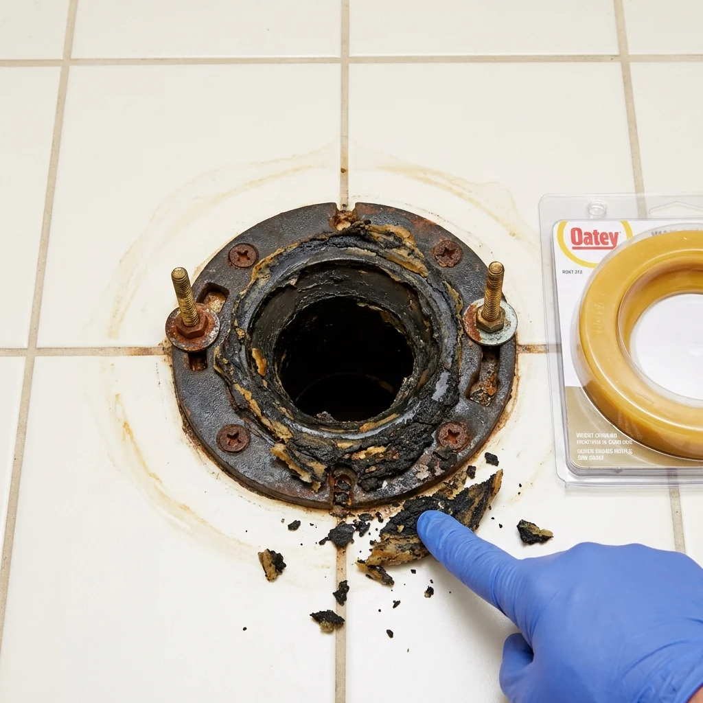 Failed wax ring showing water seepage at the base of a toilet in a Mobridge, SD home