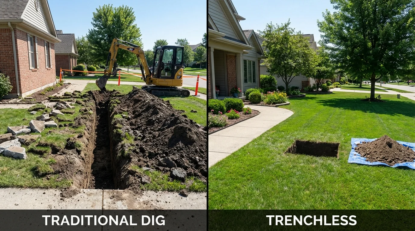 Trenchless sewer repair with minimal yard damage versus traditional excavation in Mobridge, SD