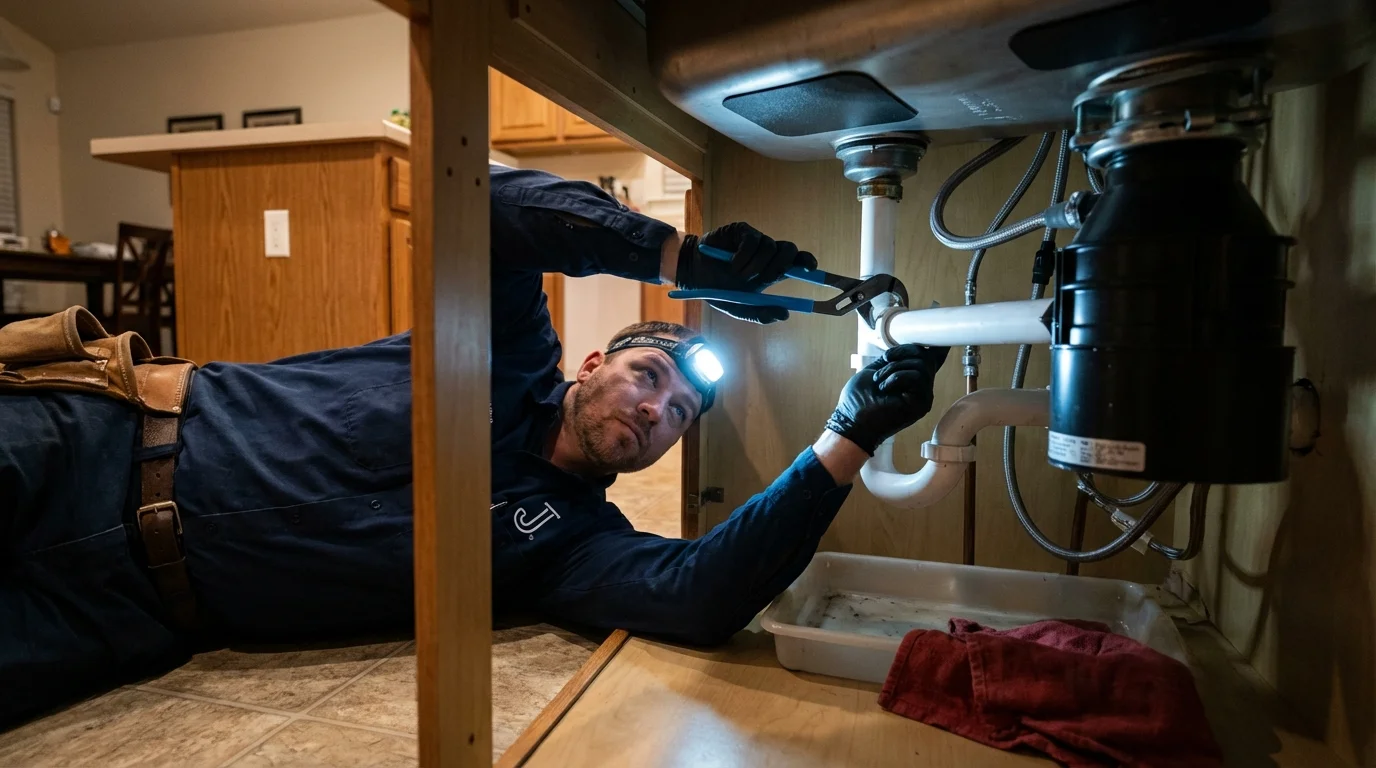 P-trap and supply line connections under a kitchen sink showing a common leak point in Mobridge, SD